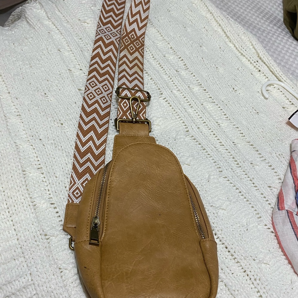 Tan Crossbody Bag with Patterned Strap